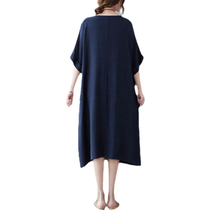 Cotton And Linen Loose Half Sleeve Contrast Paneled Dress Luvéillé