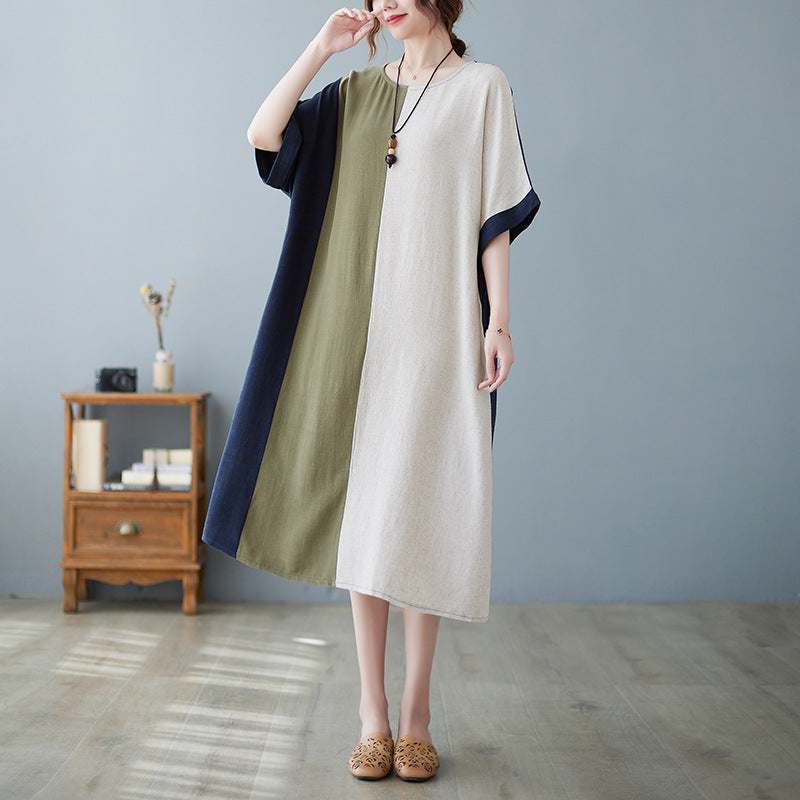 Cotton And Linen Loose Half Sleeve Contrast Paneled Dress Luvéillé