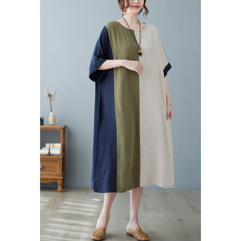 Cotton And Linen Loose Half Sleeve Contrast Paneled Dress Luvéillé