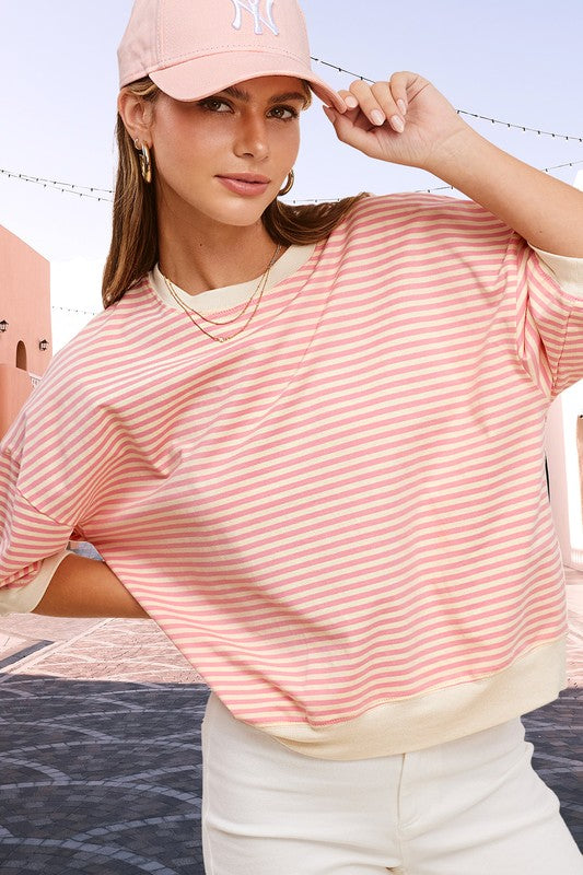 Crew Neck Stripe Short Sleeve Top Luvéillé