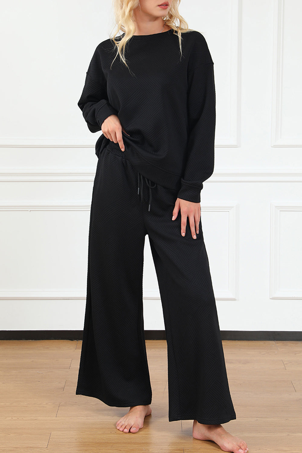 Double Take Full Size Textured Long Sleeve Top and Drawstring Pants Set Luvéillé