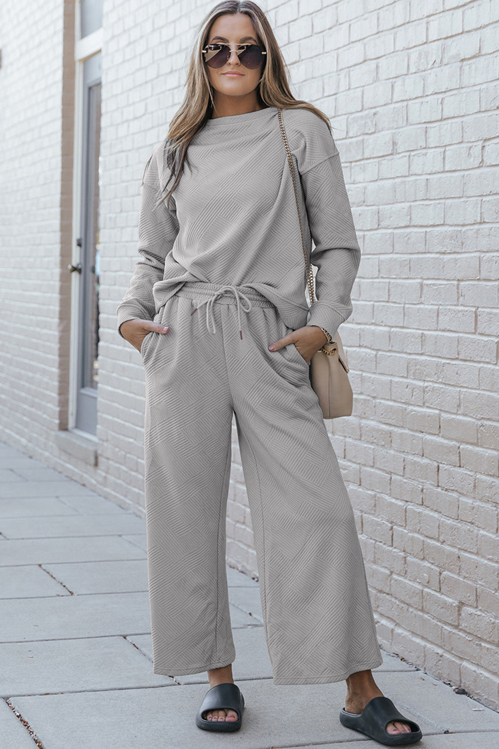 Double Take Full Size Textured Long Sleeve Top and Drawstring Pants Set Luvéillé
