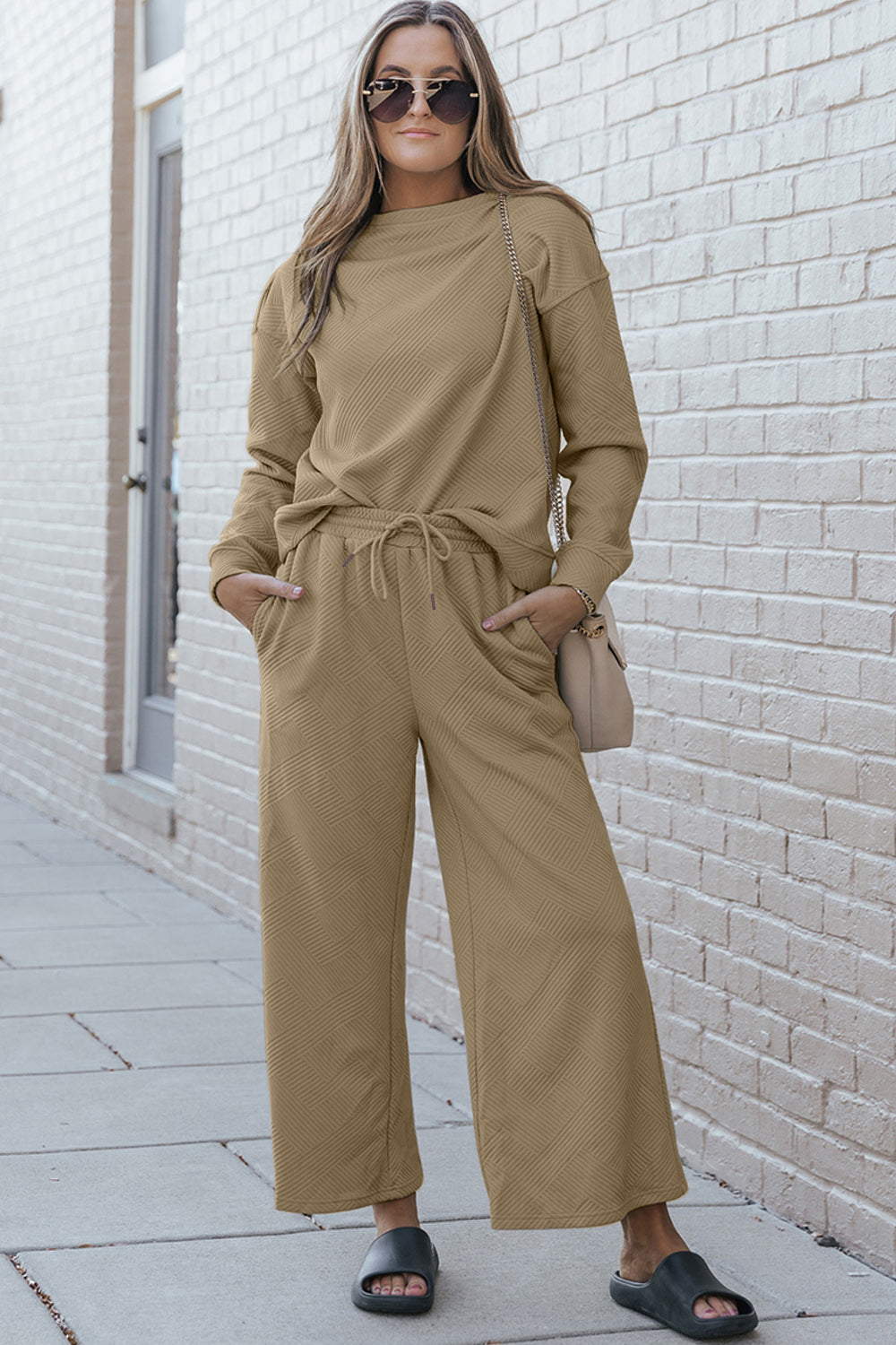 Double Take Full Size Textured Long Sleeve Top and Drawstring Pants Set Luvéillé