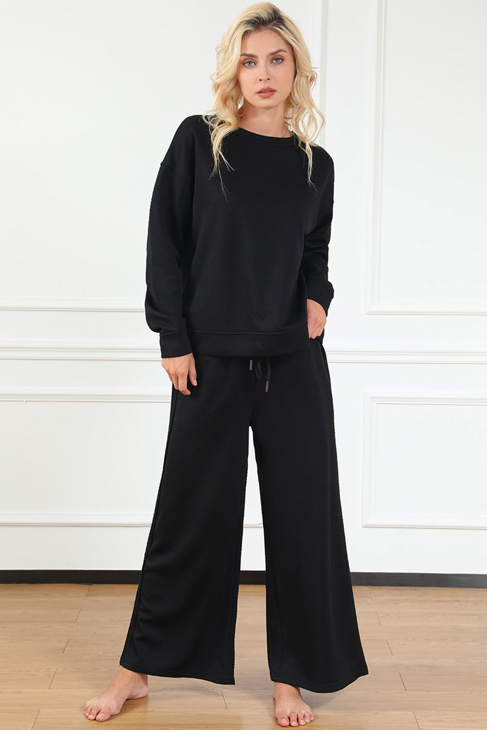 Double Take Full Size Textured Long Sleeve Top and Drawstring Pants Set Luvéillé