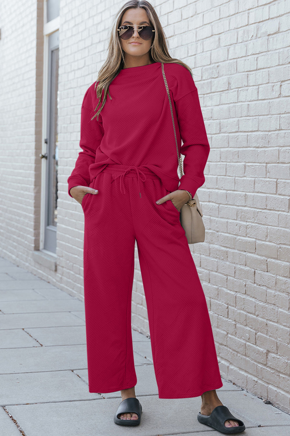 Double Take Full Size Textured Long Sleeve Top and Drawstring Pants Set Luvéillé