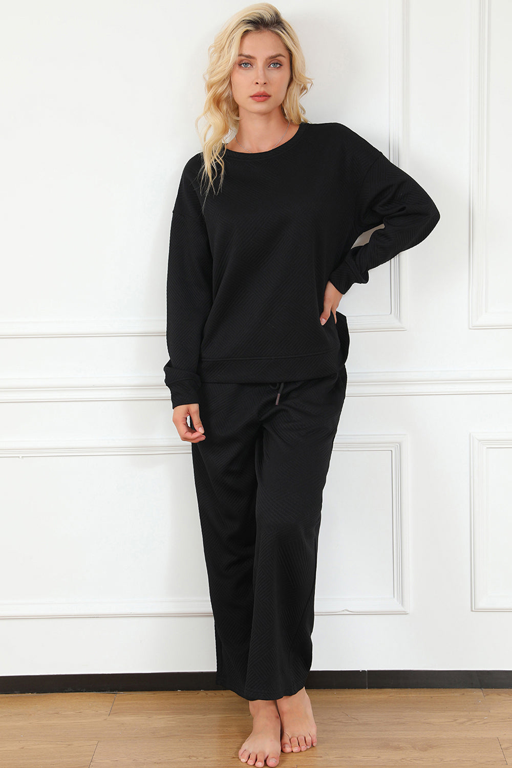 Double Take Full Size Textured Long Sleeve Top and Drawstring Pants Set Luvéillé