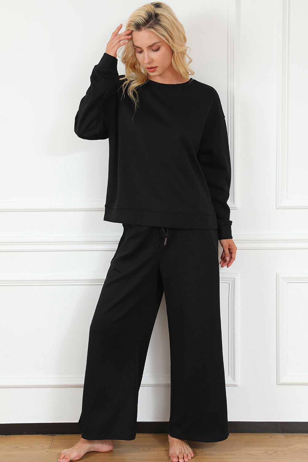 Double Take Full Size Textured Long Sleeve Top and Drawstring Pants Set Luvéillé