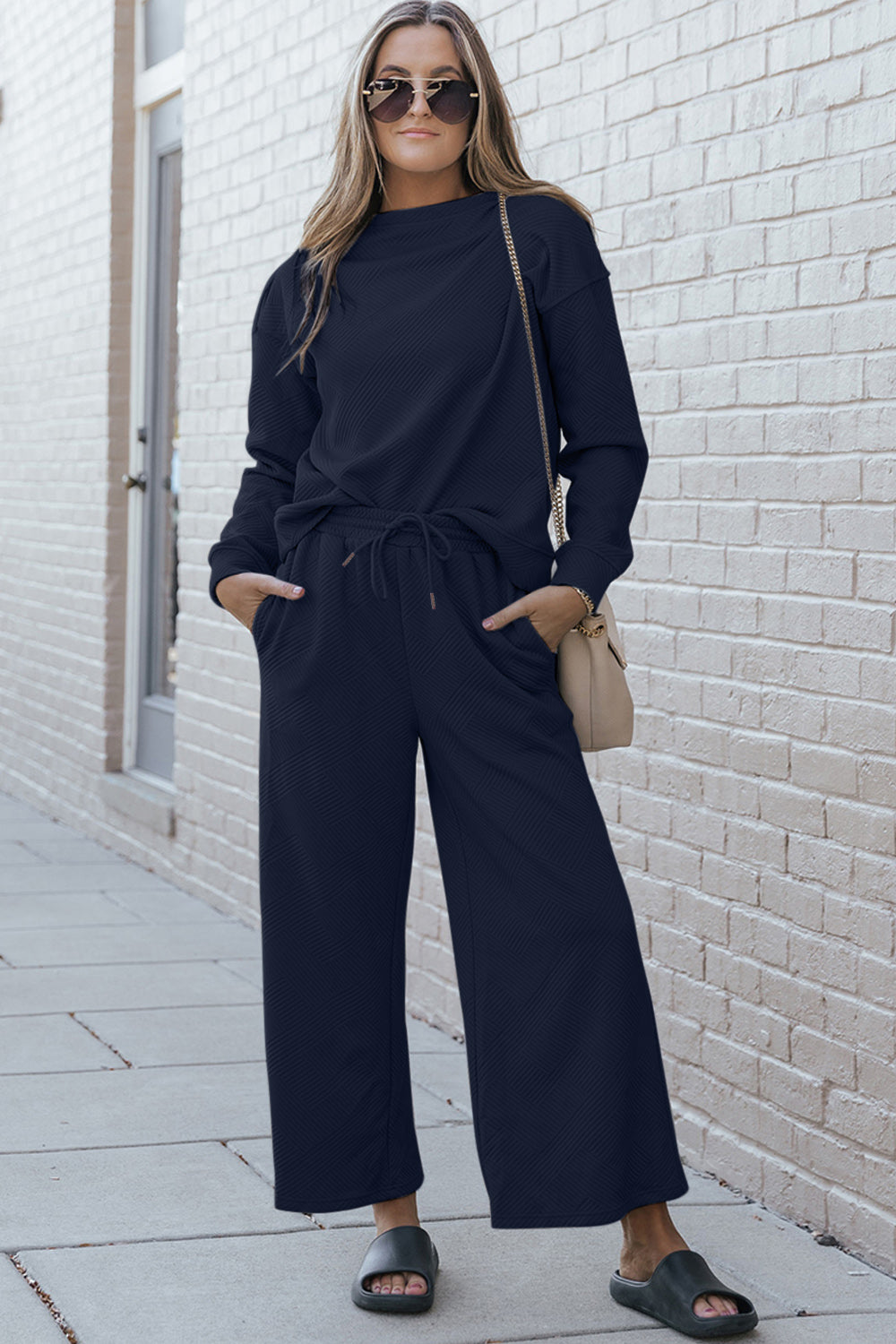 Double Take Full Size Textured Long Sleeve Top and Drawstring Pants Set Luvéillé