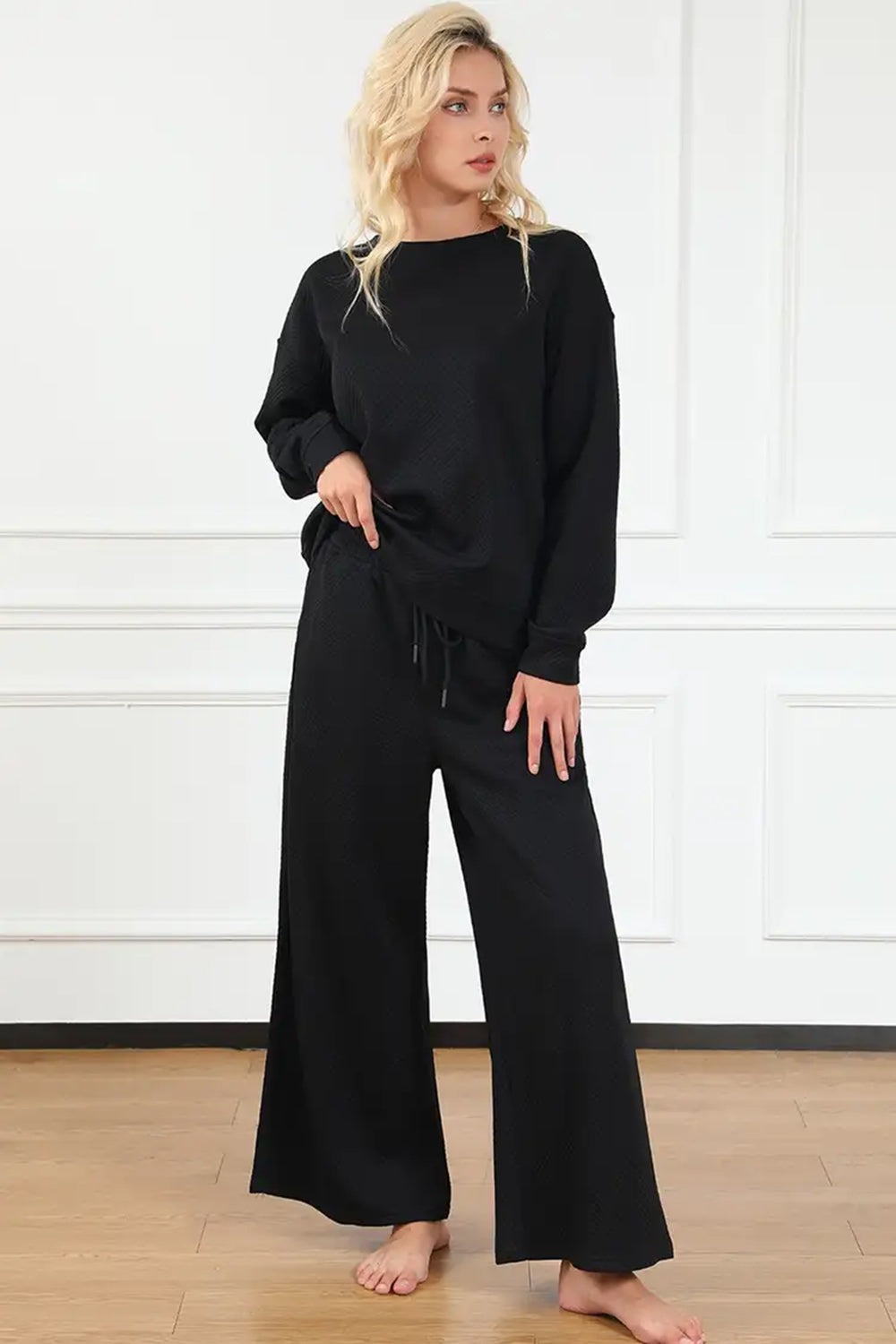 Double Take Full Size Textured Long Sleeve Top and Drawstring Pants Set Luvéillé