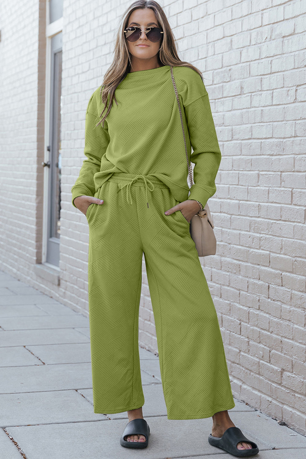 Double Take Full Size Textured Long Sleeve Top and Drawstring Pants Set Luvéillé
