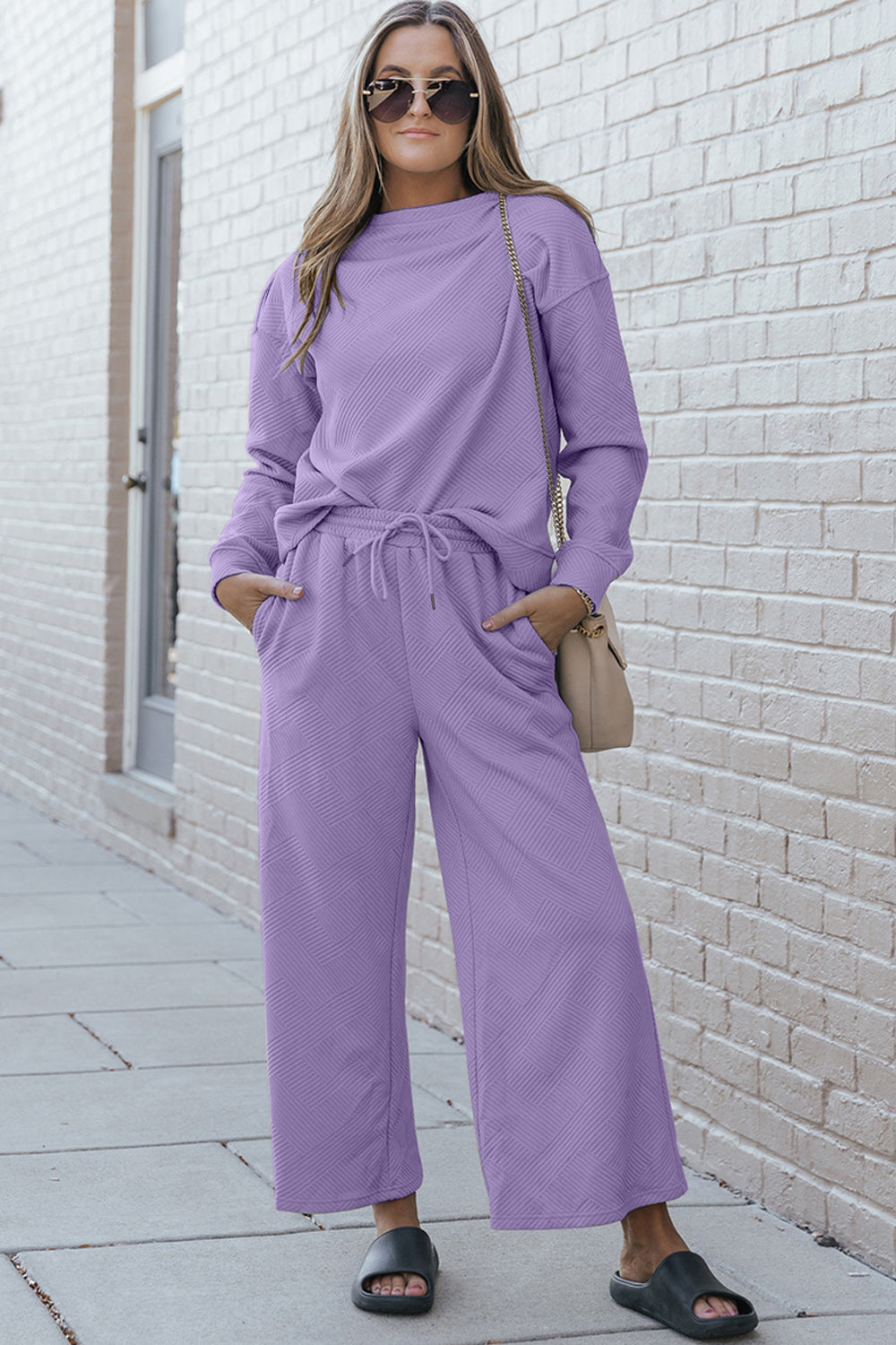 Double Take Full Size Textured Long Sleeve Top and Drawstring Pants Set Luvéillé