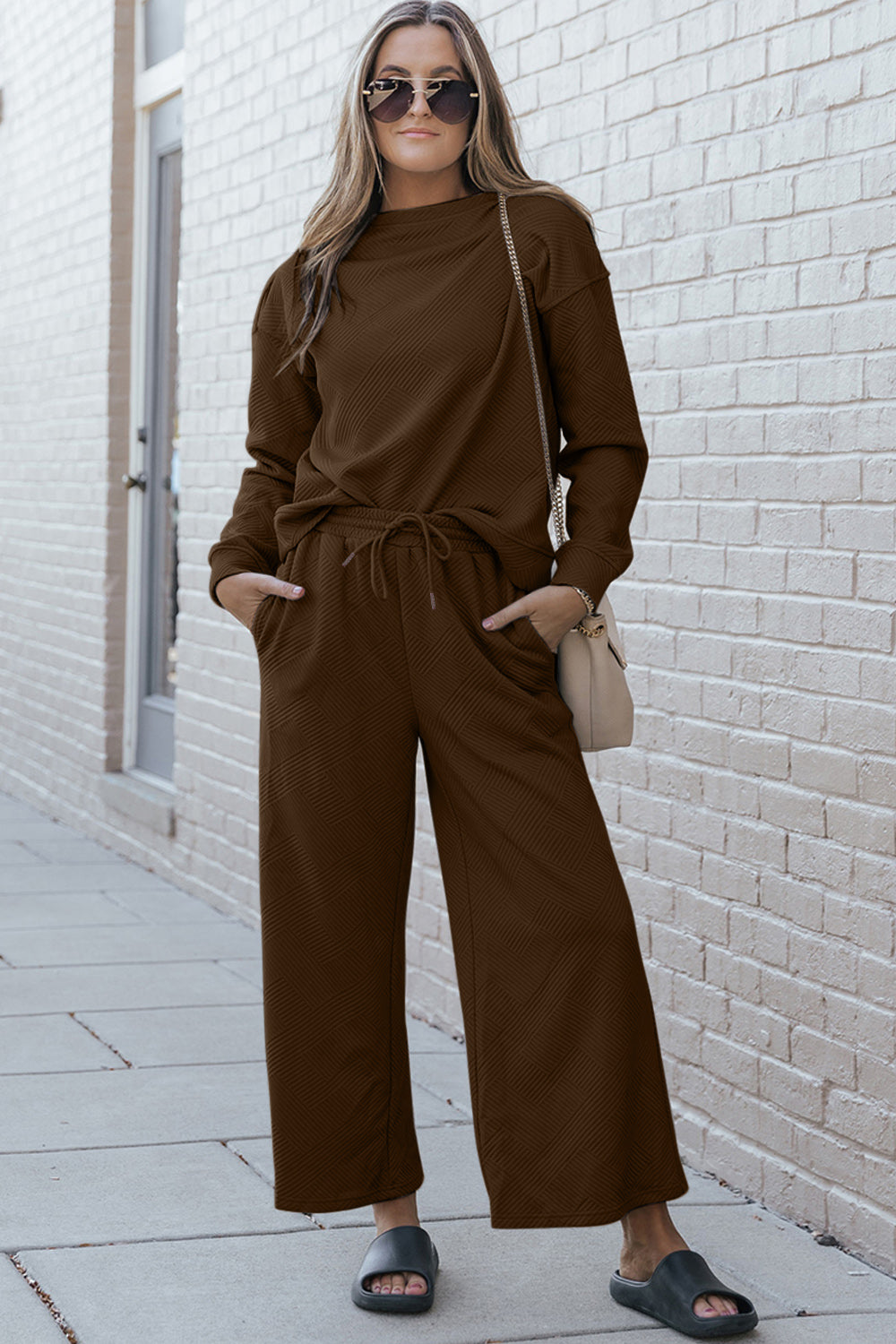 Double Take Full Size Textured Long Sleeve Top and Drawstring Pants Set Luvéillé