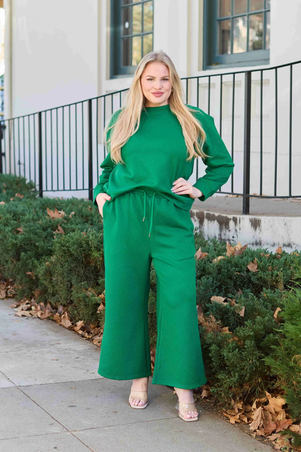 Double Take Full Size Textured Long Sleeve Top and Drawstring Pants Set Luvéillé
