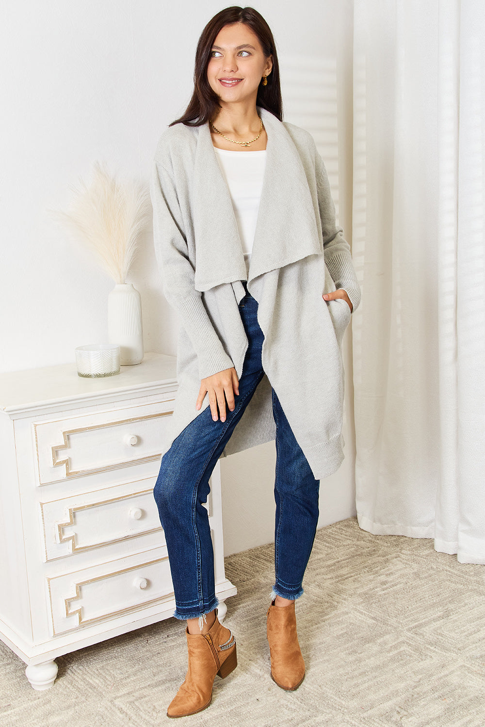 Double Take Open Front Duster Cardigan with Pockets Luvéillé