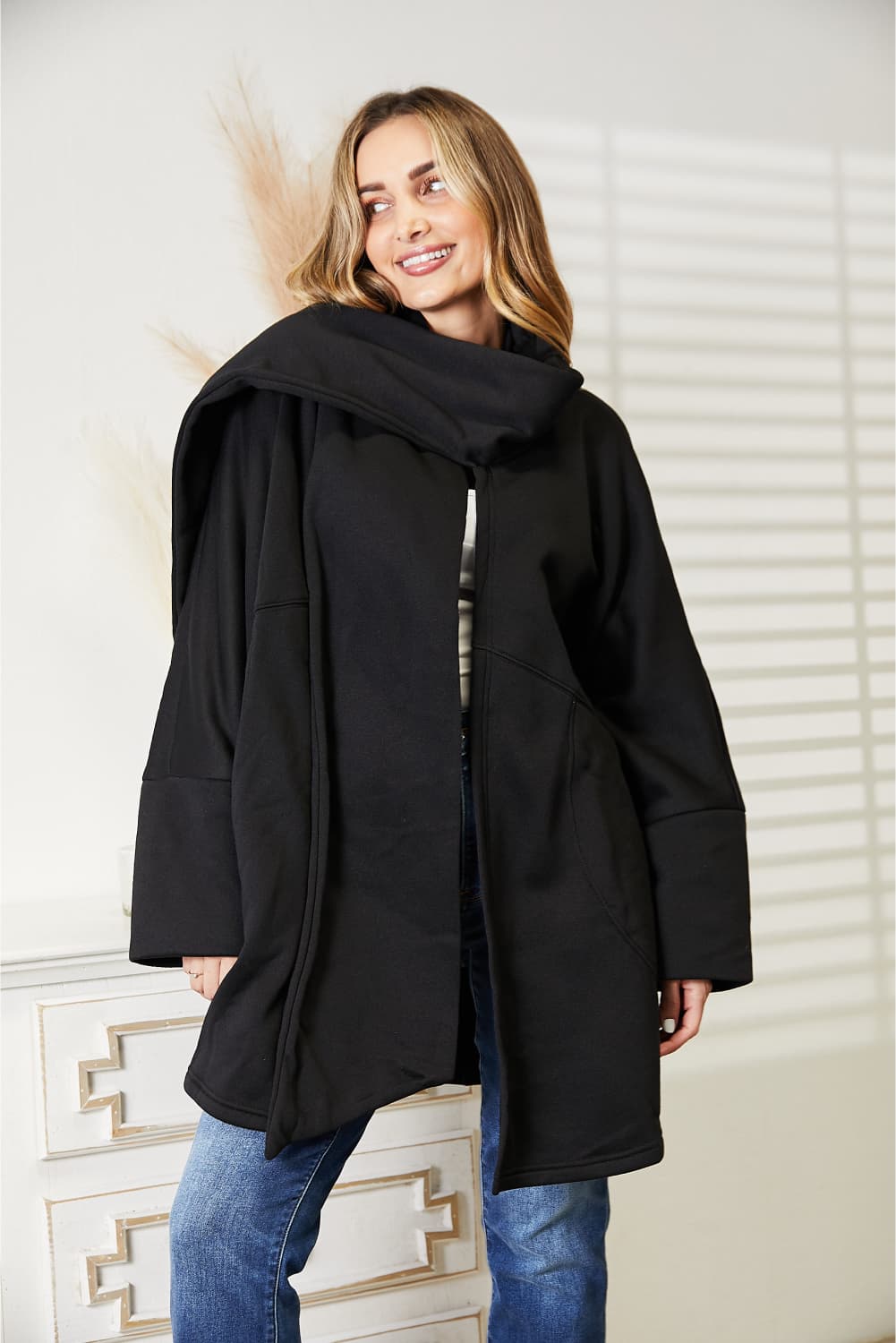 HEYSON Full Size Open Front Cardigan with Scarf Design Luvéillé