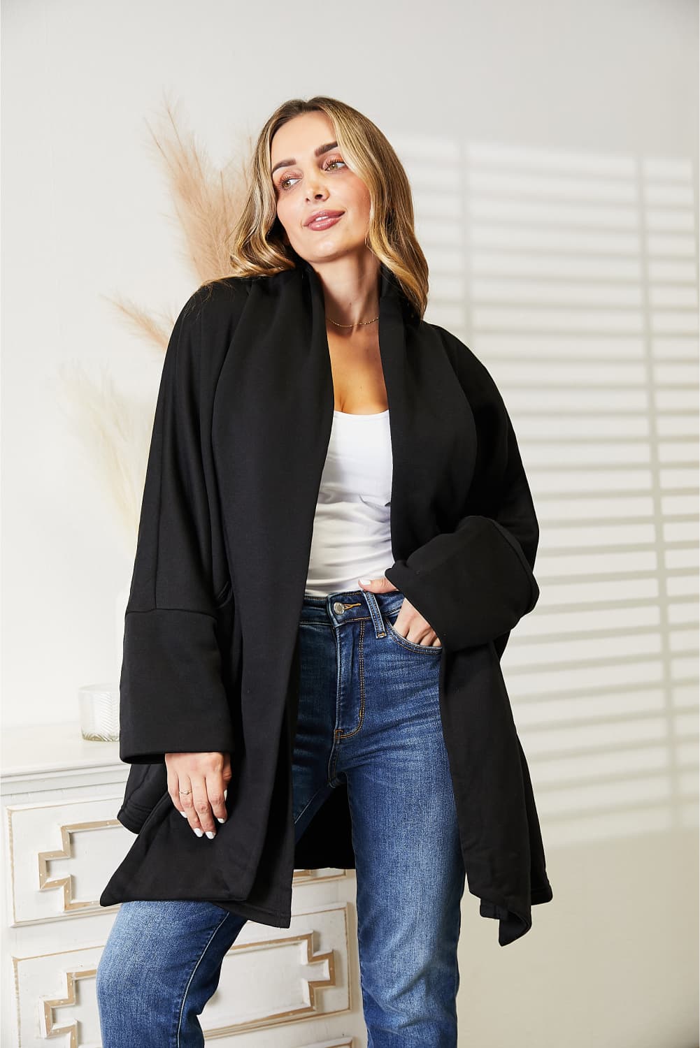 HEYSON Full Size Open Front Cardigan with Scarf Design Luvéillé