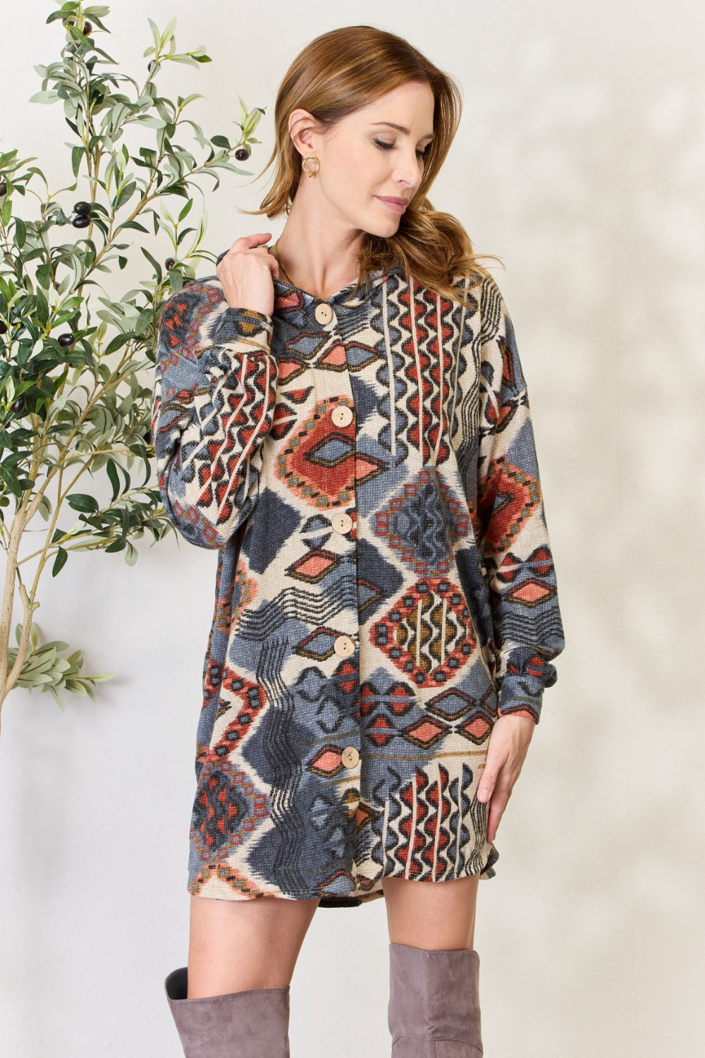 Heimish Full Size Printed Button Up Hooded Jacket Luvéillé
