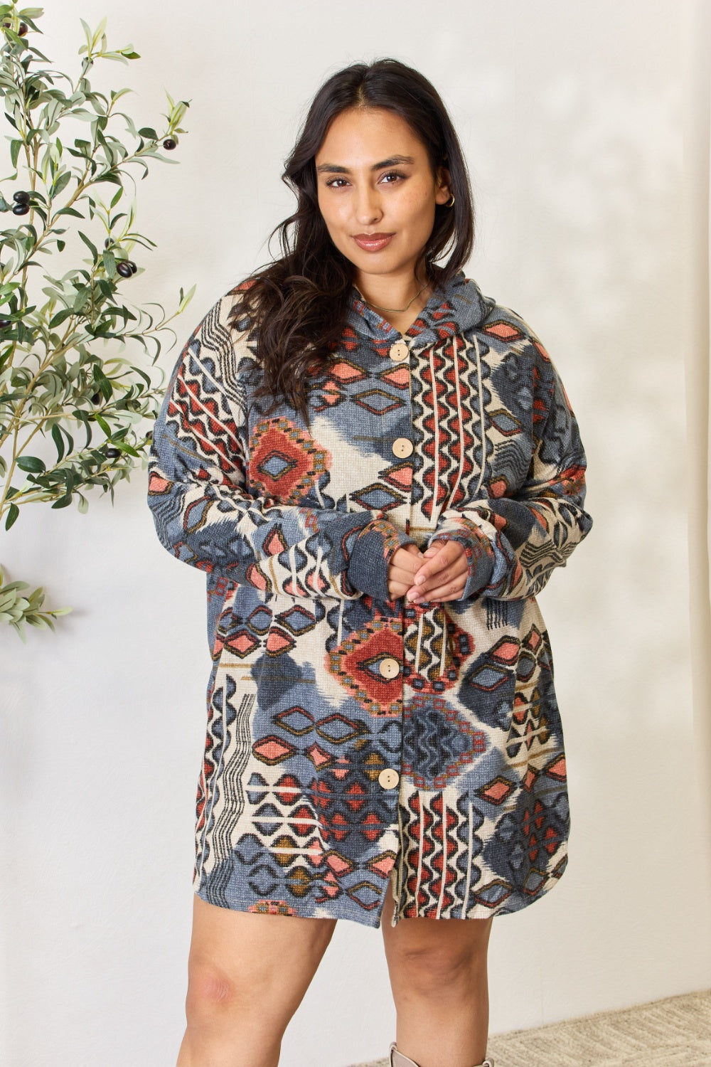 Heimish Full Size Printed Button Up Hooded Jacket Luvéillé