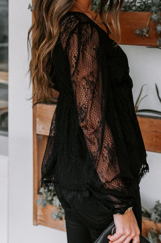 Lace Detail Plunge Long Sleeve Blouse Luvéillé
