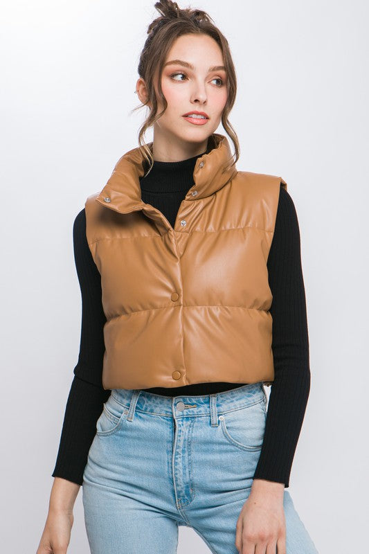 PU Faux Leather puffer West With Snap Button Luvéillé