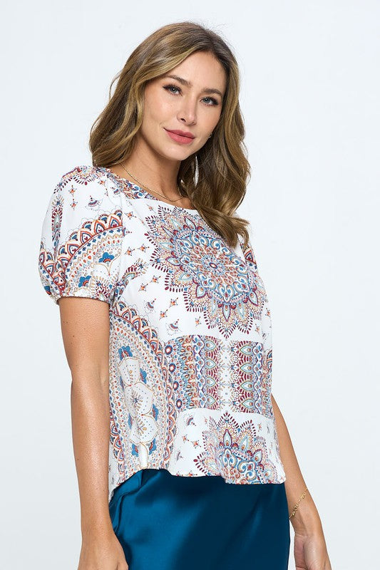 Paisley Print Round neck Top with Puff Sleeve Luvéillé
