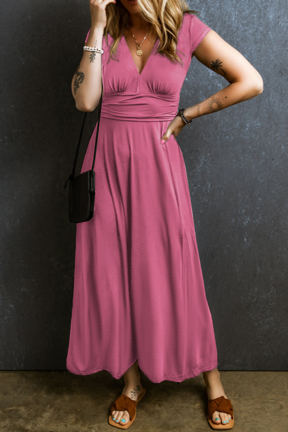 Smocked V-Neck Short Sleeve Dress Luvéillé