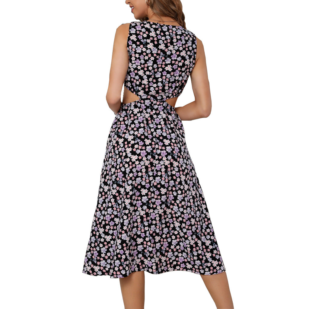 Summer New Chiffon Floral Waist Hollow-out Sleeveless Beach Dress Luvéillé