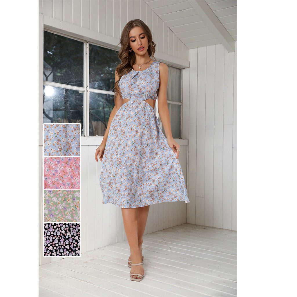 Summer New Chiffon Floral Waist Hollow-out Sleeveless Beach Dress Luvéillé