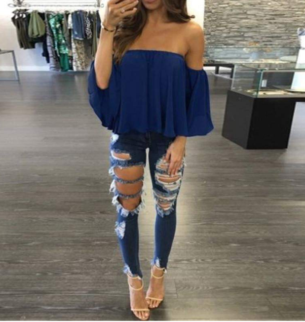 chest collar long sleeve chiffon strapless loose T-shirt
