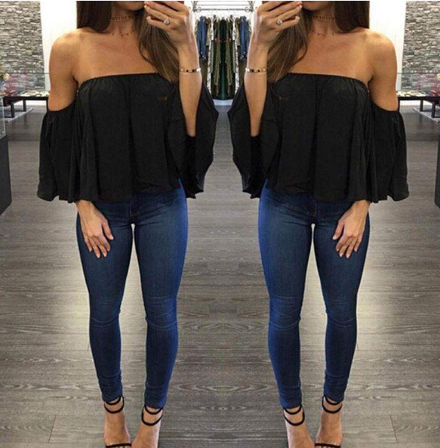 chest collar long sleeve chiffon strapless loose T-shirt