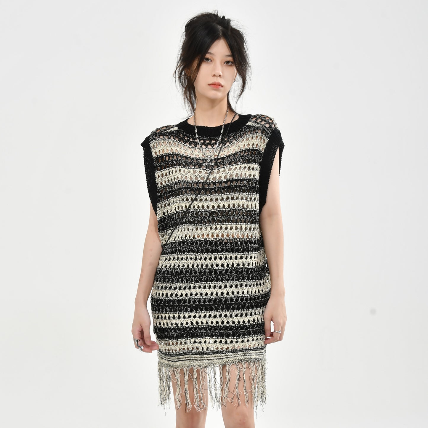Women's Openwork Striped Knitted Loose Layered Hem Fringed Dress