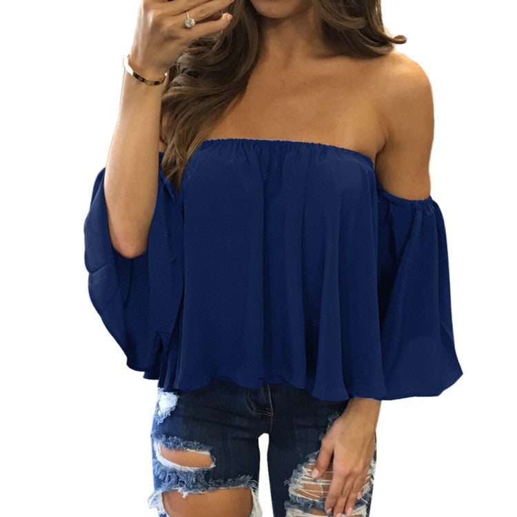 chest collar long sleeve chiffon strapless loose T-shirt