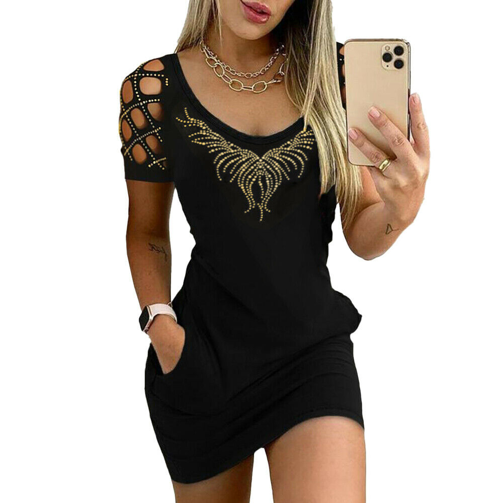 Women's Short Sleeve Cutout Diamond Pocket Slim Fit Dress