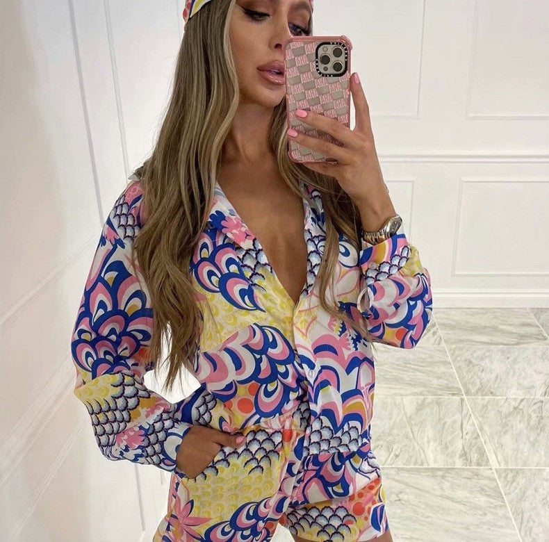 Casual Long Sleeve Shirt Loose Straight Shorts and Headband Set