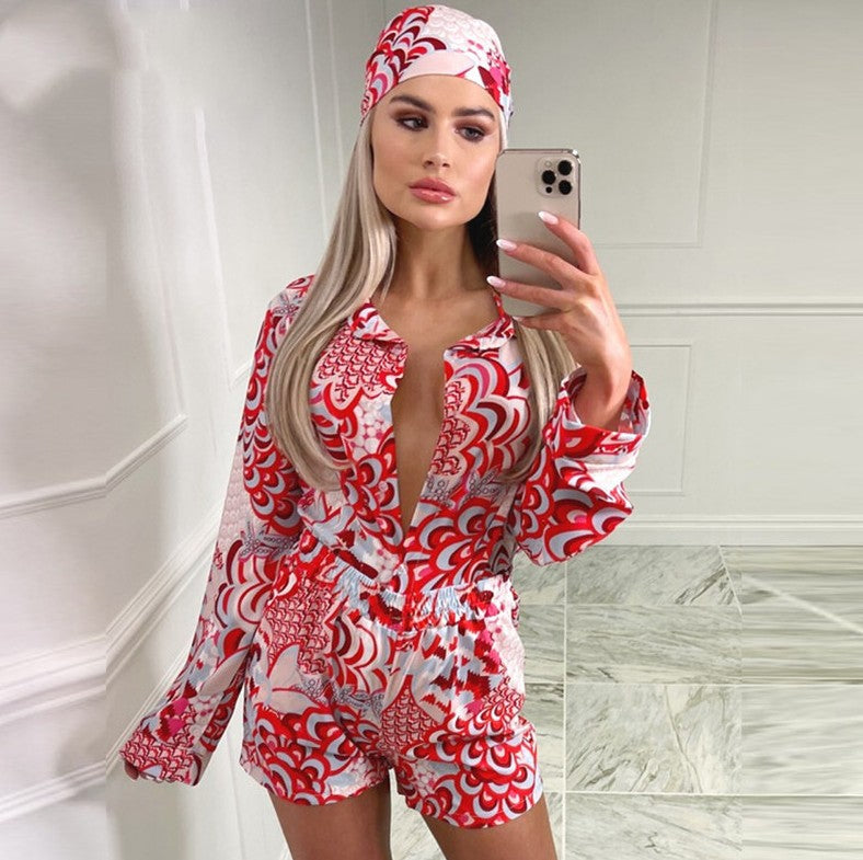 Casual Long Sleeve Shirt Loose Straight Shorts and Headband Set