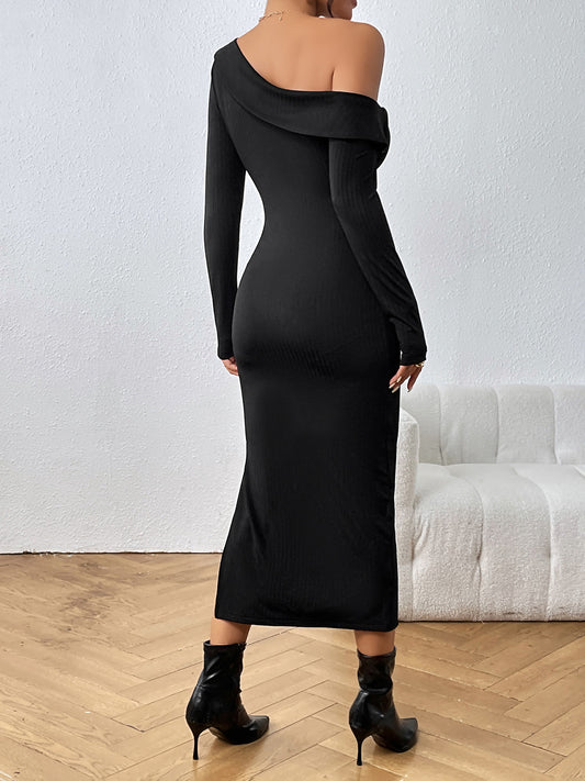 Asymmetrical Neck Long Sleeve Slit Dress Luvéillé