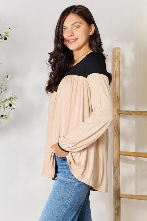 BOMBOM Contrast Long Sleeve Ruched Blouse Luvéillé