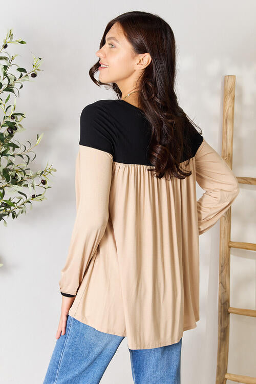 BOMBOM Contrast Long Sleeve Ruched Blouse Luvéillé