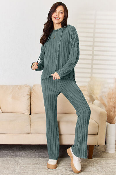 Basic Bae Full Size Ribbed Drawstring Hood Top and Straight Pants Set Luvéillé