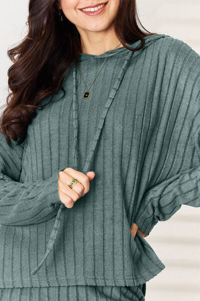 Basic Bae Full Size Ribbed Drawstring Hood Top and Straight Pants Set Luvéillé