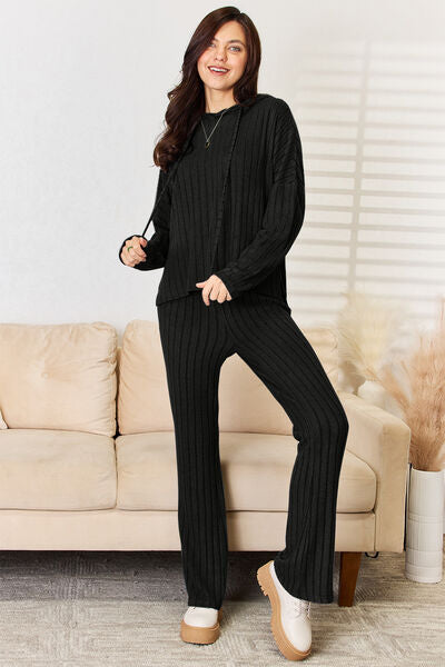 Basic Bae Full Size Ribbed Drawstring Hood Top and Straight Pants Set Luvéillé