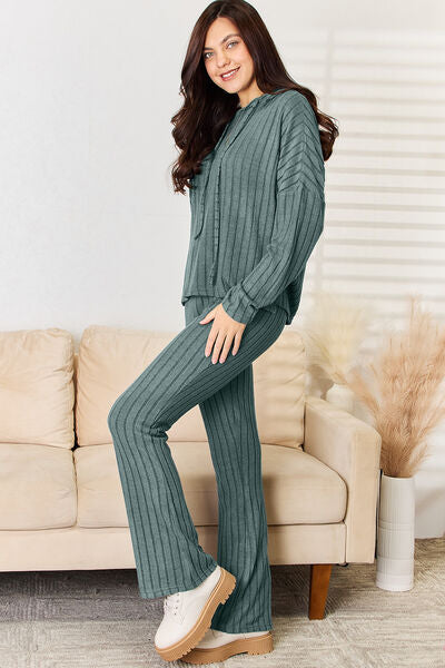 Basic Bae Full Size Ribbed Drawstring Hood Top and Straight Pants Set Luvéillé