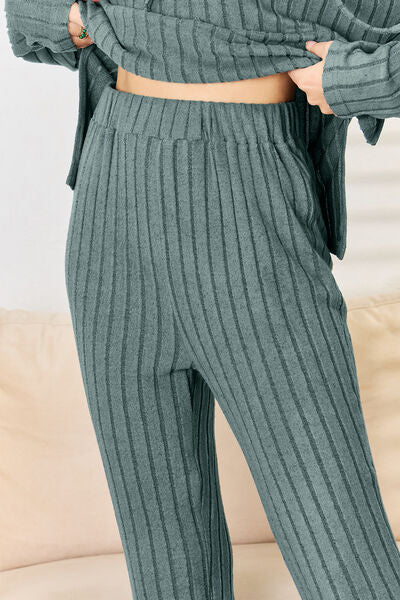 Basic Bae Full Size Ribbed Drawstring Hood Top and Straight Pants Set Luvéillé