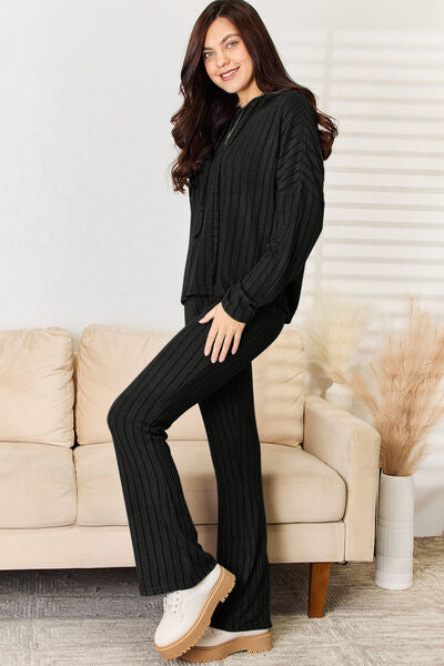 Basic Bae Full Size Ribbed Drawstring Hood Top and Straight Pants Set Luvéillé
