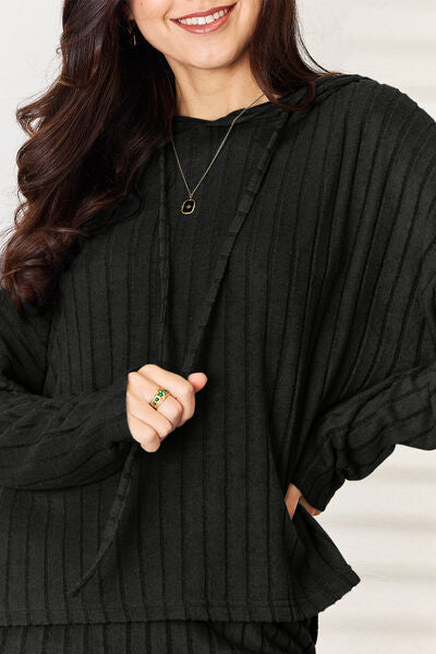 Basic Bae Full Size Ribbed Drawstring Hood Top and Straight Pants Set Luvéillé