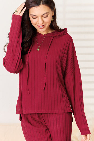 Basic Bae Full Size Ribbed Drawstring Hood Top and Straight Pants Set Luvéillé