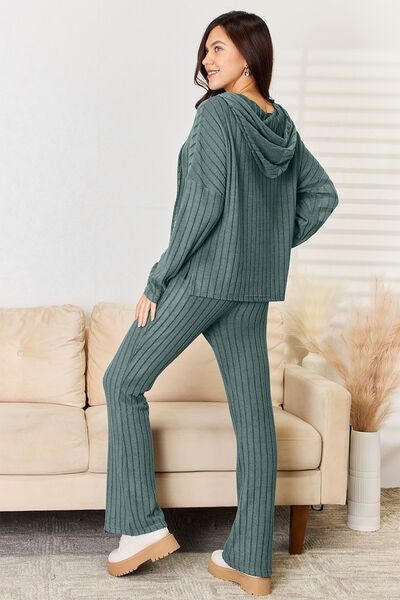 Basic Bae Full Size Ribbed Drawstring Hood Top and Straight Pants Set Luvéillé