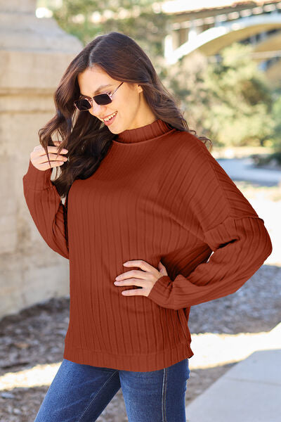 Basic Bae Full Size Ribbed Exposed Seam Mock Neck Knit Top Luvéillé