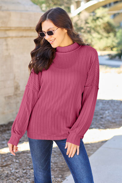 Basic Bae Full Size Ribbed Exposed Seam Mock Neck Knit Top Luvéillé