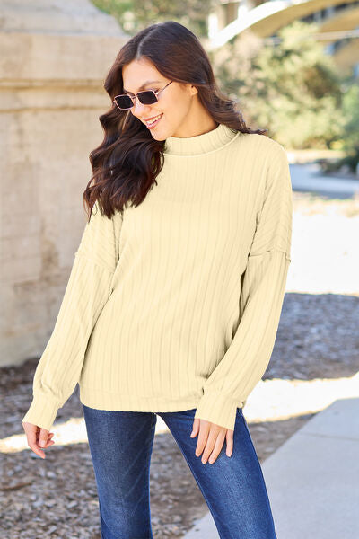 Basic Bae Full Size Ribbed Exposed Seam Mock Neck Knit Top Luvéillé